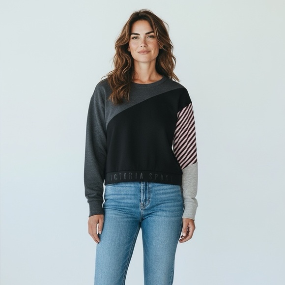 *Victoria Sport Sweatshirt Womens Size M Gray Black Colorblock Casual Athleisure - Picture 1 of 7